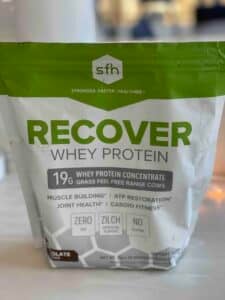 Bag of SFH Recover Grass Fed Whey Protein Conctrate protein powder.