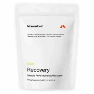 Bag of Momentous Recovery grass fed whey isolate protein powder.