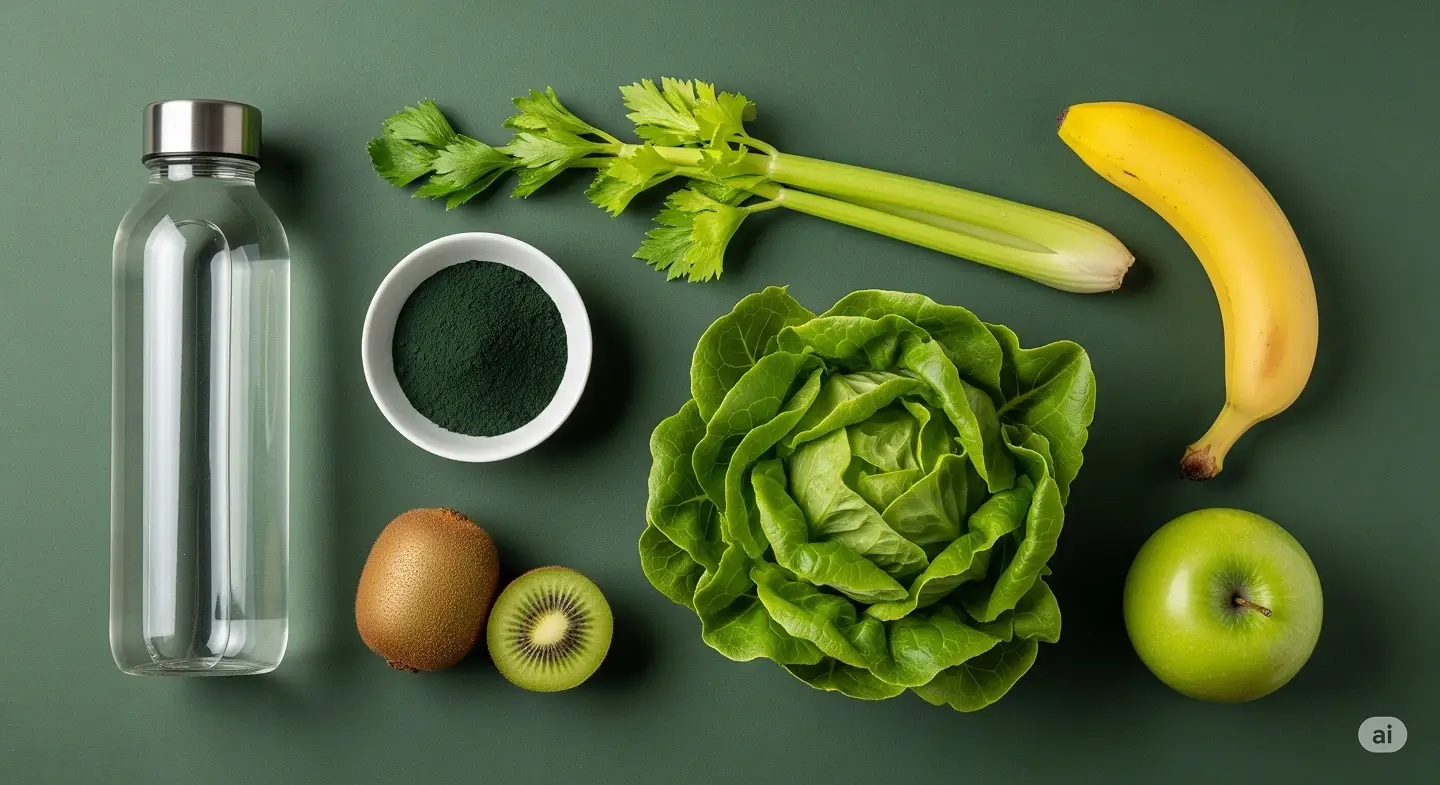 Water bottle, celery, banana, kiwi, lettuce, apple, and small bowl on green background.
